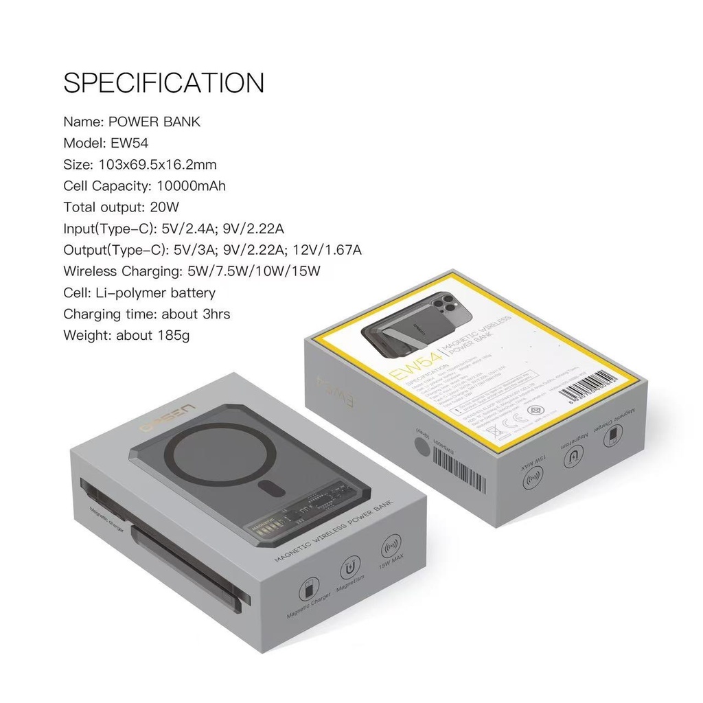Eloop EW54 Magnetic 10000mAh แบตสำรอง ไร้สาย พาวเวอร์แบงค์ Wireless Charger