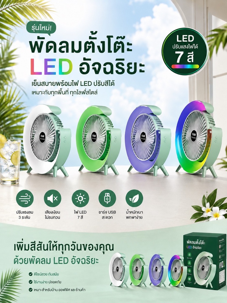 พัดลมพกพาตั้งโต๊ะ รุ่น 7LED