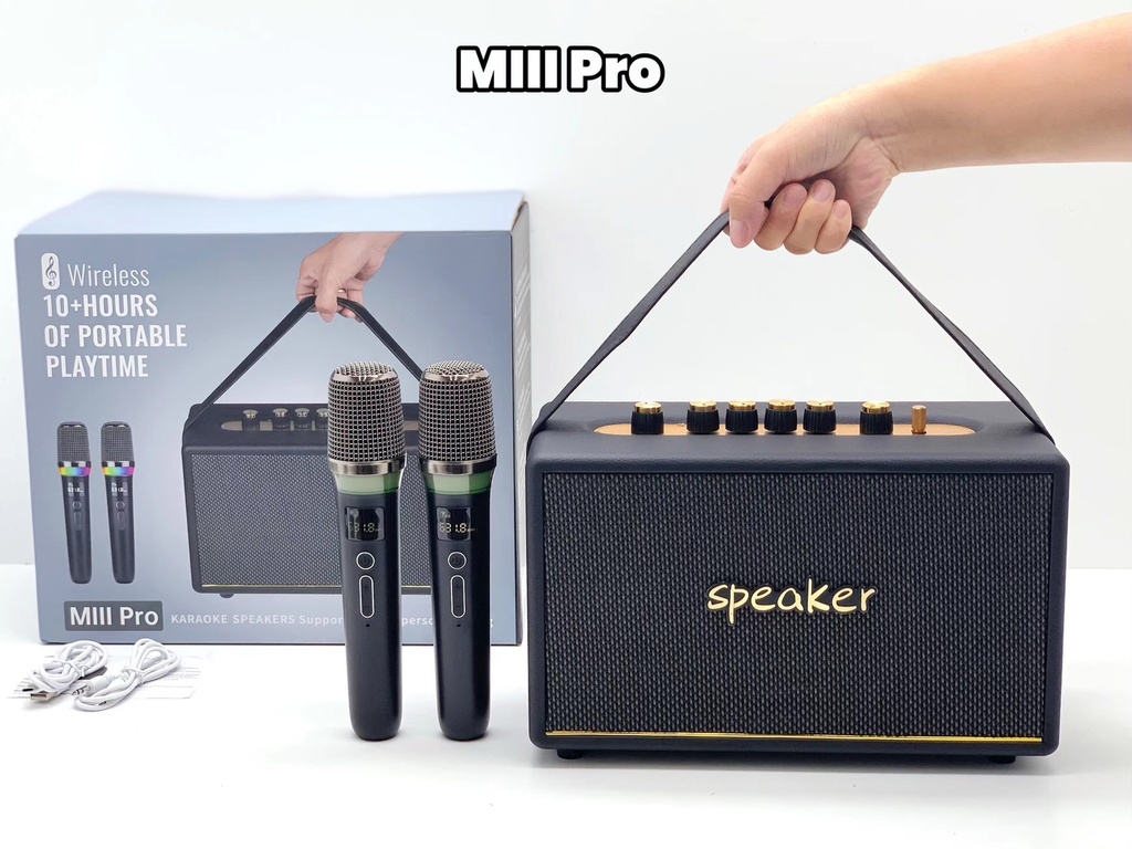 ลำโพงบลูทูธ MIII Pro ฟรีไมค์ลอย2ตัว ไมค์ปรับเสียง-โทนเสียงได้ รองรับ Bluetooth TF AUX USB TWS ใช้งานได้นาน 8 ชั่วโมง