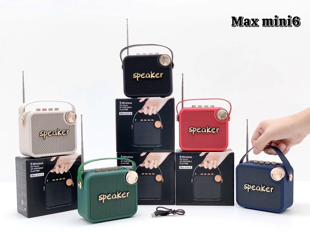 ลำโพงบลูทูธไร้สาย รุ่น Max mini6 ลำโพงพกพาขนาดกะทัดรัด ดีไซน์เรโทรย้อนยุค ที่มาพร้อมสายหิ้วและเสาอากาศวิทยุในตัว