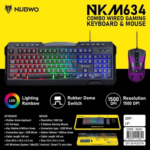 [NKM634] ชุดคีย์บอร์ดและเมาส์สำหรับเล่นเกมแบบมีสาย NUBWO รุ่น NKM634